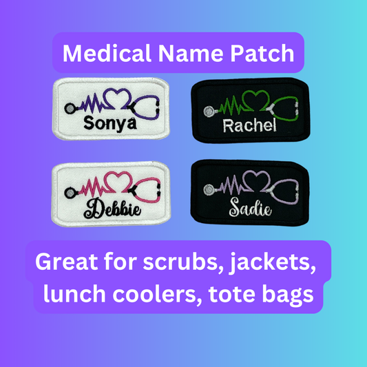 Embroidered medical name patches with stethoscope