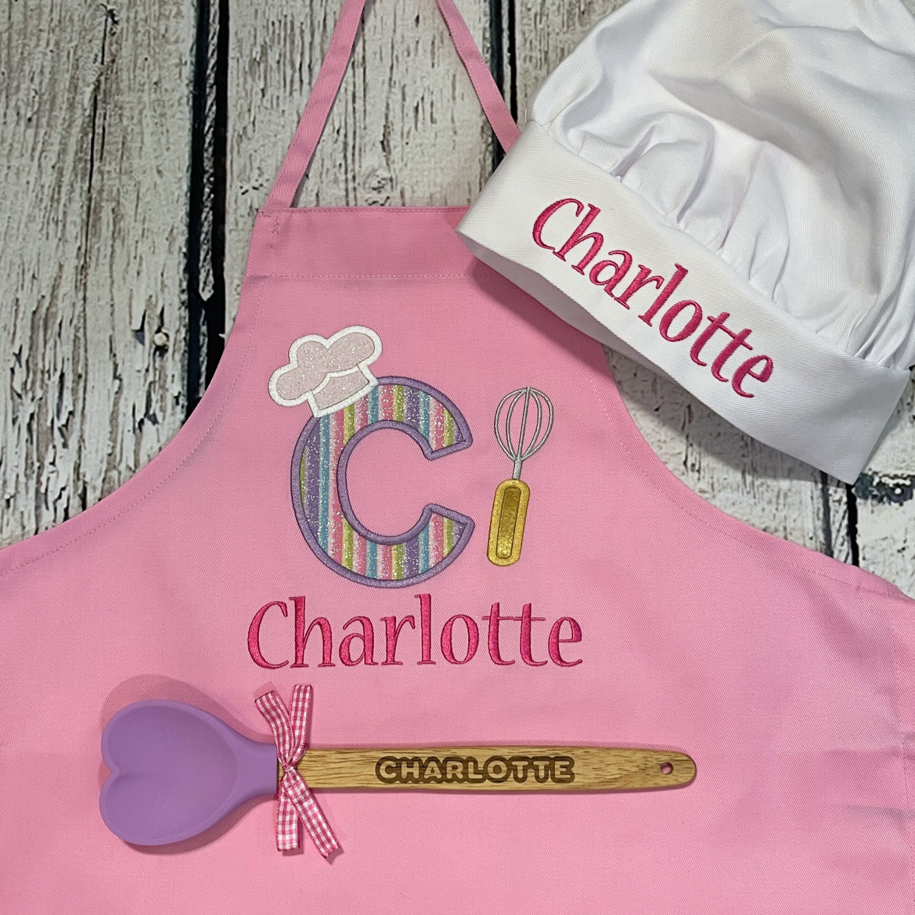 Pink girls embroidered personalized apron chef hat and spatula 