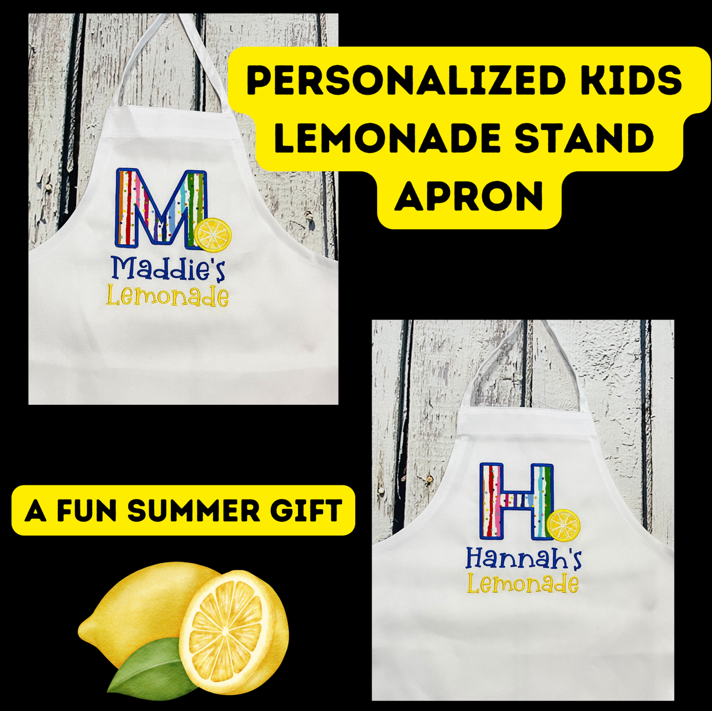 Personalized child's lemonade stand apron with vibrant colors and beautiful embroidery