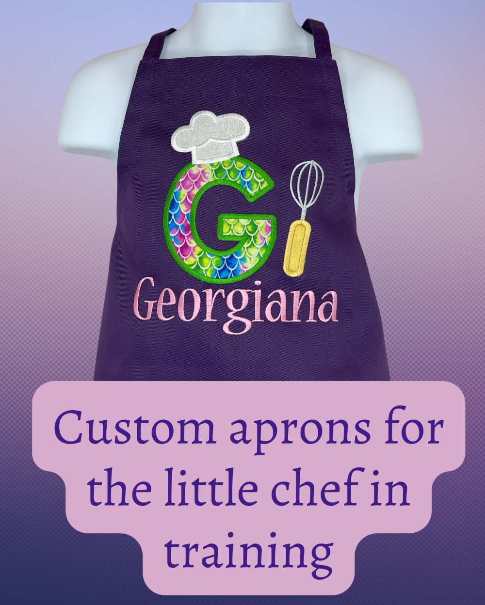 Girls Personalized Embroidered Mermaid Theme Apron with Large Initial & Name