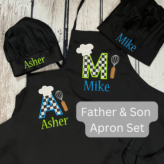 Father and son personalized apron set optional chef hat