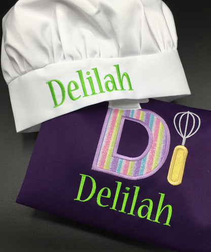 Purple embroidered personalized apron with chef hat
