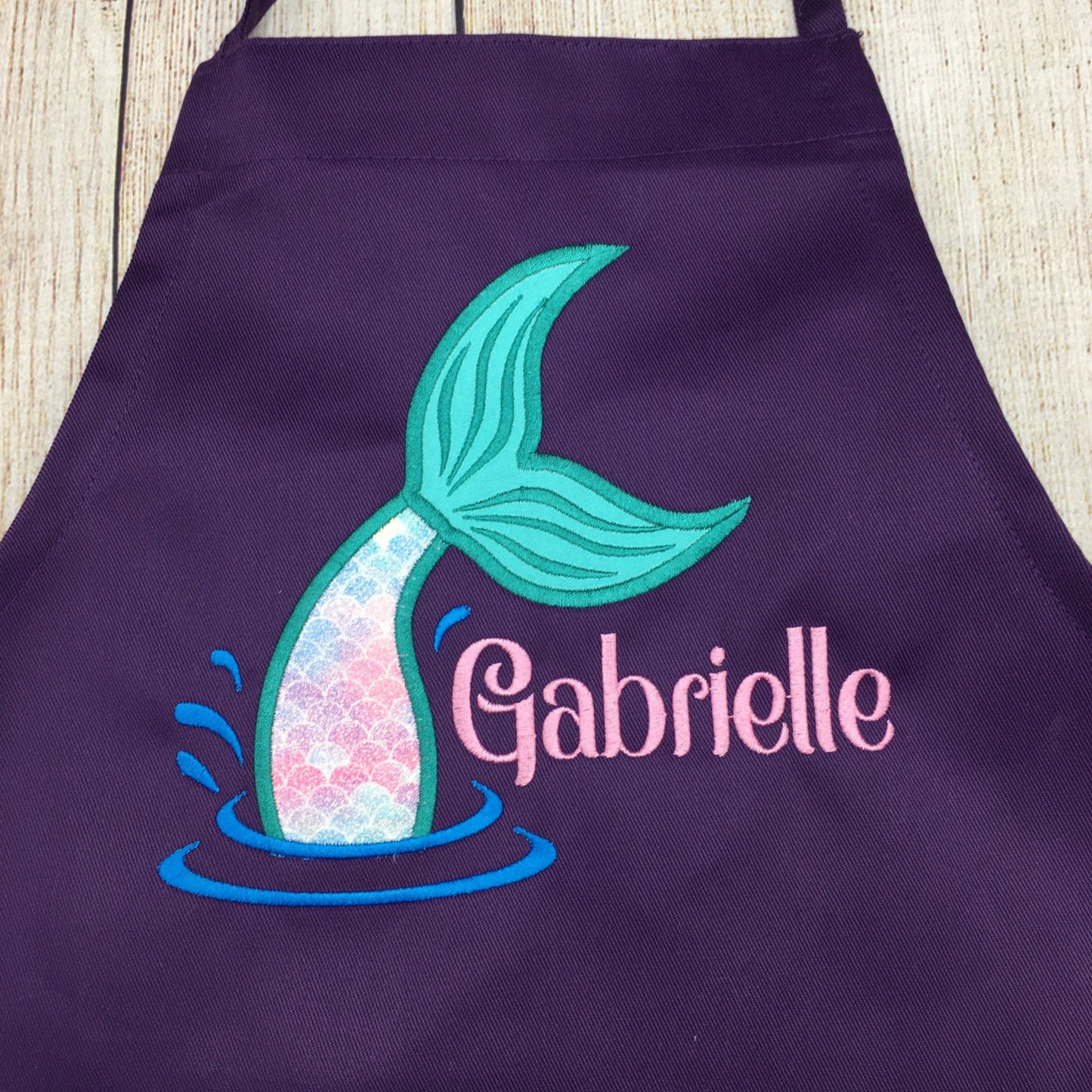 Girls personalized embroidered purple mermaid apron