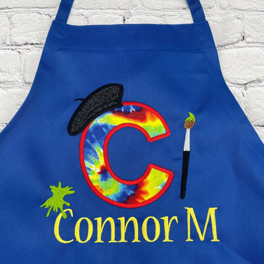 Boys or Girls Personalized Art Apron or Painting Apron, tie dye large initial