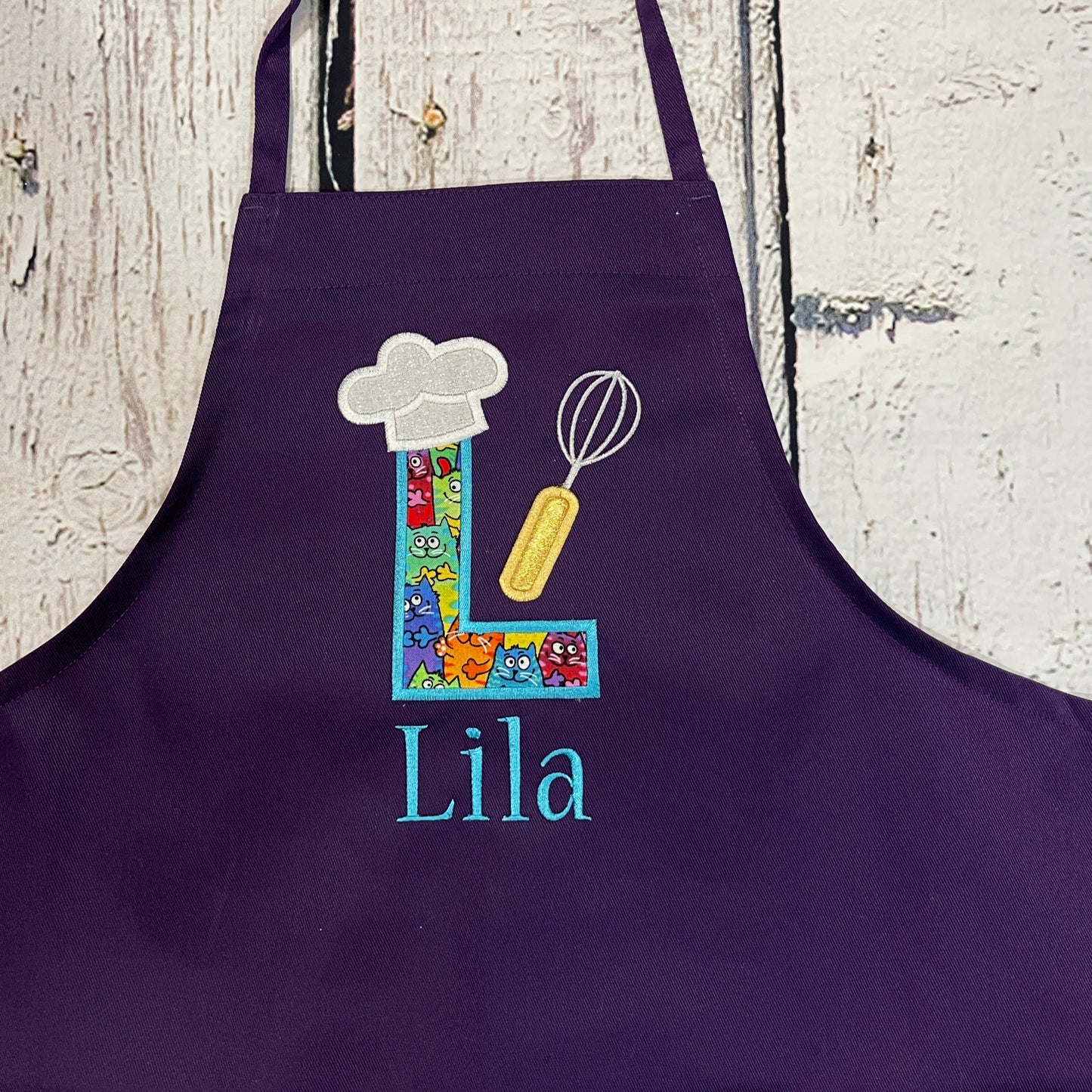 Boys or Girls Personalized Embroidered Apron with Cat or Dog Theme Large Initial & Name