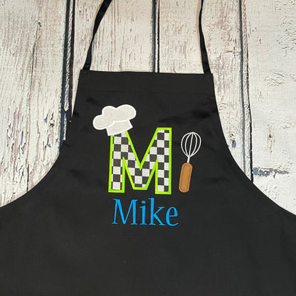 Personalized embroidered adult apron with large M and Mike