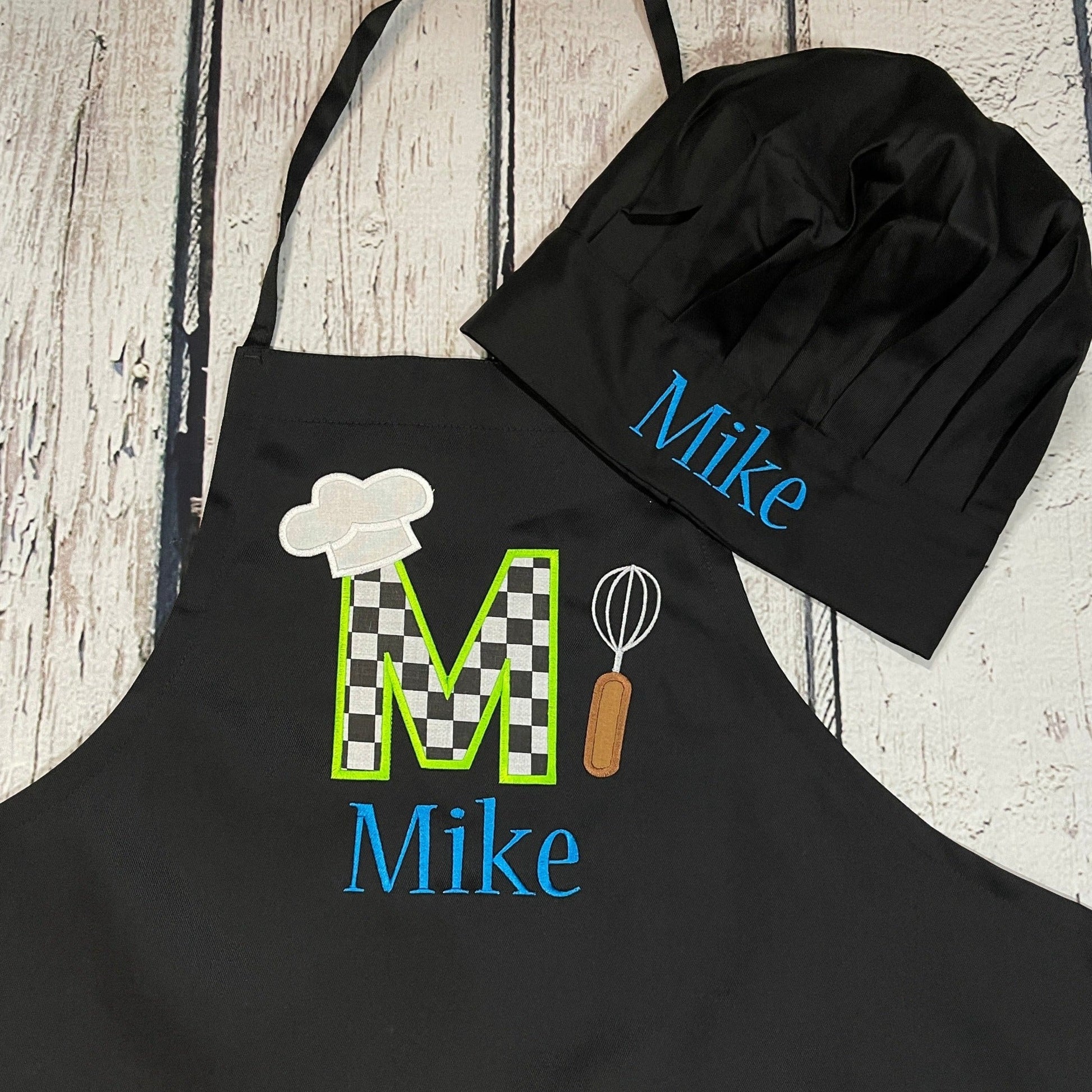 Black personalized embroidered apron with chef hat large M name Mike