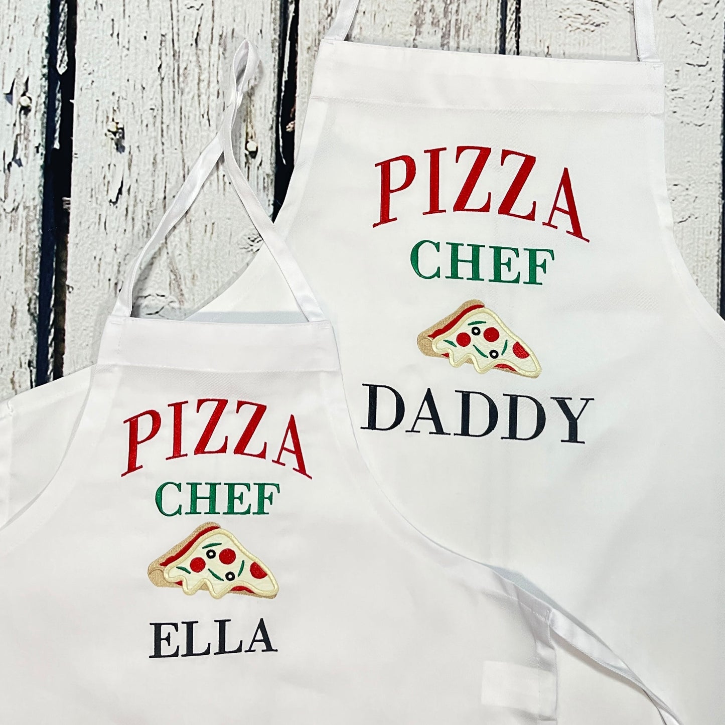 Pizza chef adult child apron set with names