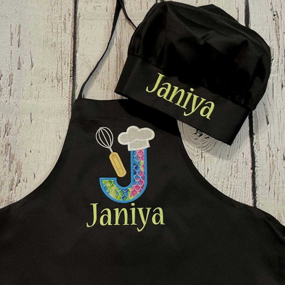 Mermaid themed girls embroidered personalized apron in black with matching chef hat
