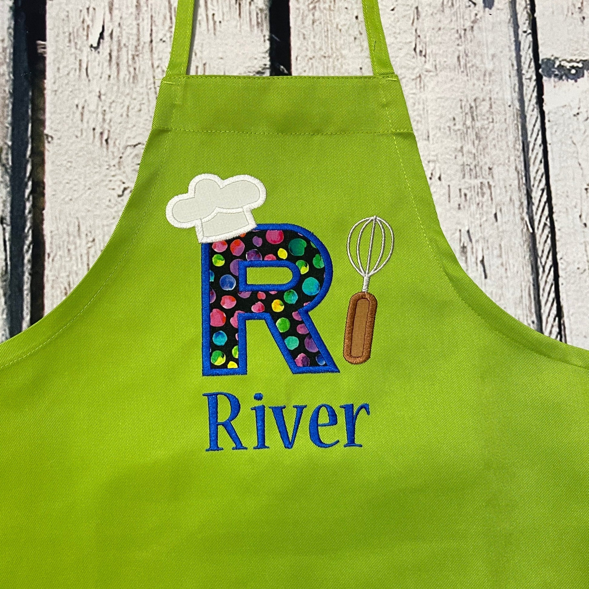 kids personalized lime green embroidered apron with large initial and name good for boy