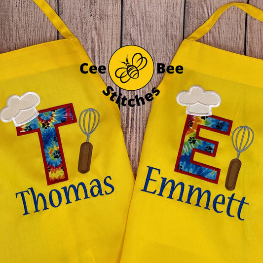 Kids Unisex Personalized Embroidered Apron with Tie Dye Initial & their name