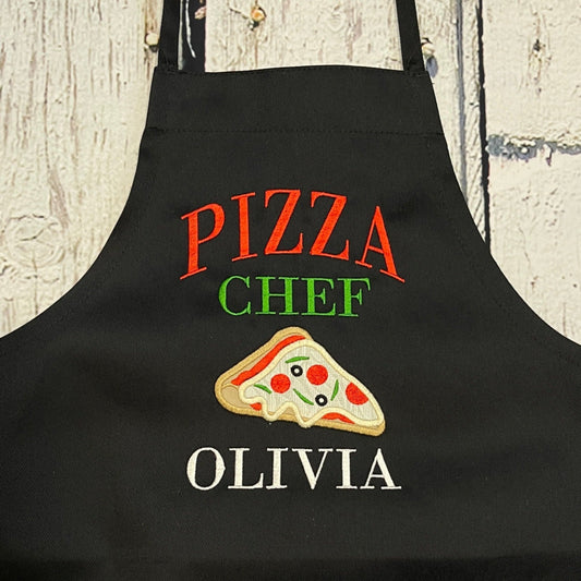 Child personalized embroidered pizza chef apron with name and pizza slice