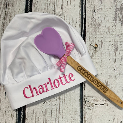 Kids Personalized Chef Hat & Spatula Gift Set, hats in black or white, spatula has 4 color choices