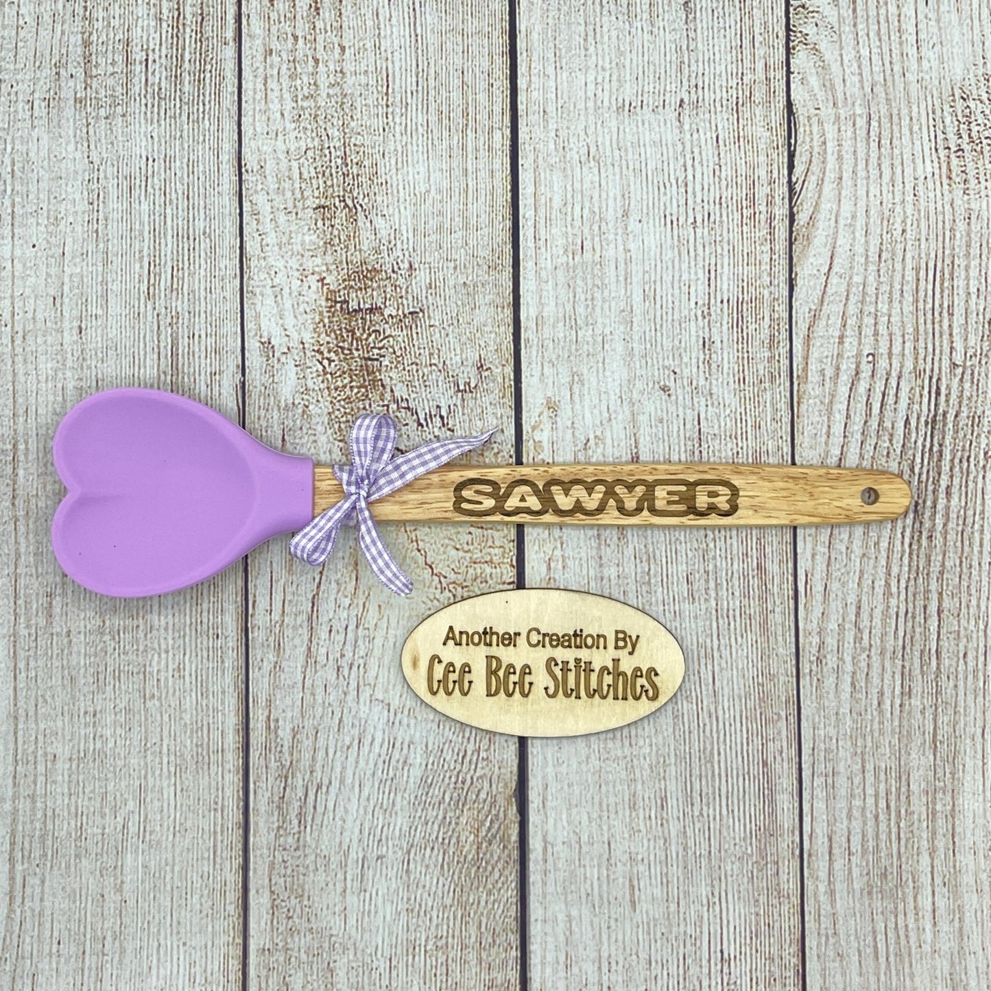 One Personalized Heart Shaped Silicone Spatula for Kids or Adults with Name Engraved in wood handle