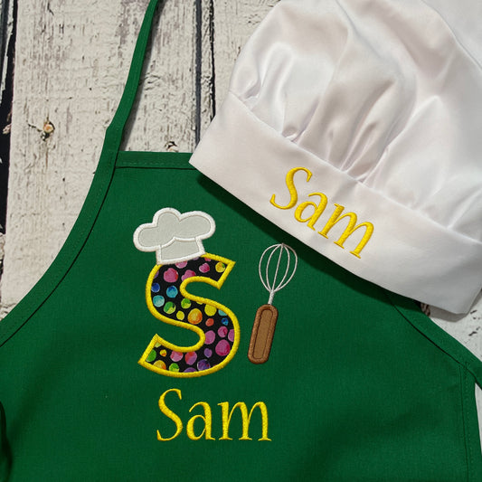 Kids Personalized Embroidered Apron with Colorful Fabric Large Initial & Name