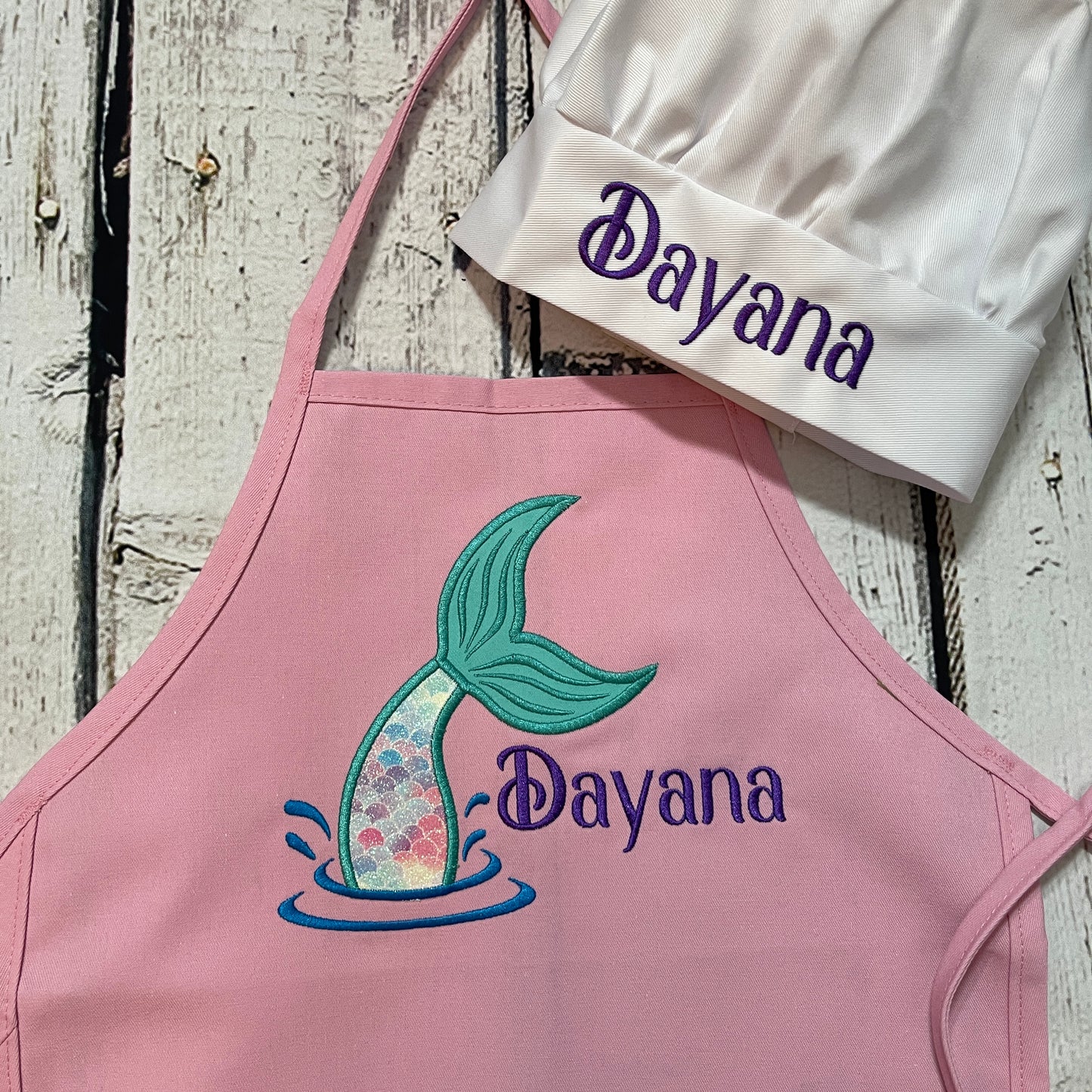 Girls Personalized Embroidered Apron with mermaid tail with name