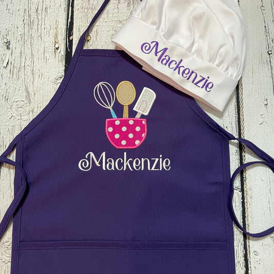 Kids Personalized Apron with Mixing Bowl & Utensil Design with Optional Chef hat & Spatula
