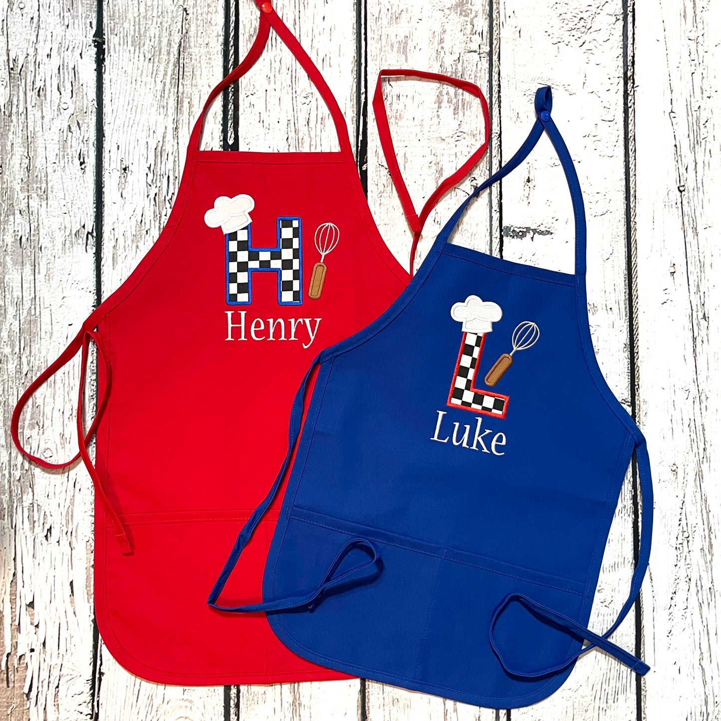 Boys Personalized Embroidered Apron with Name & Large Initial in checkered flag fabric
