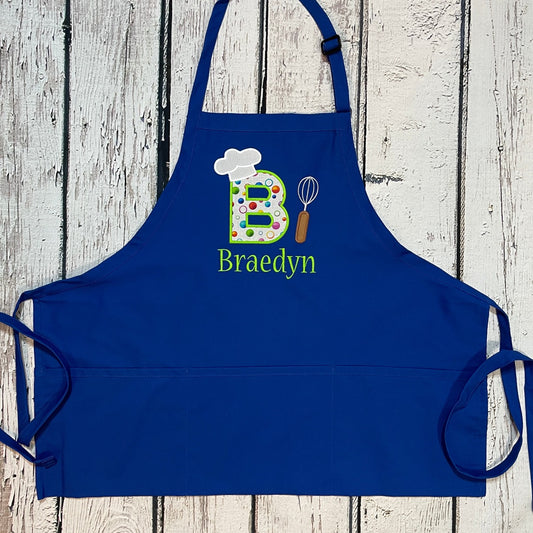 Adult size personalized embroidered apron with dot fabric initial with name