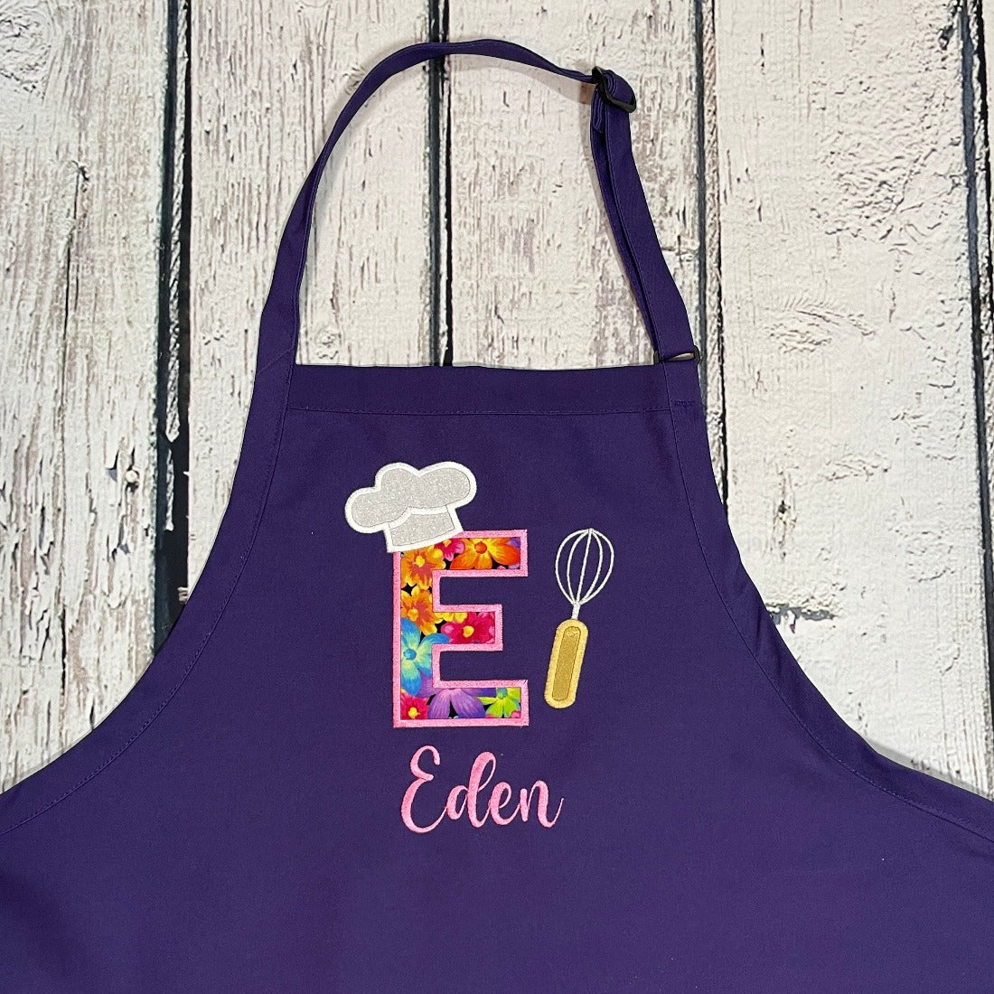 Adult or teen personalized embroidered apron with floral initial and optional chef Hat & Spatula