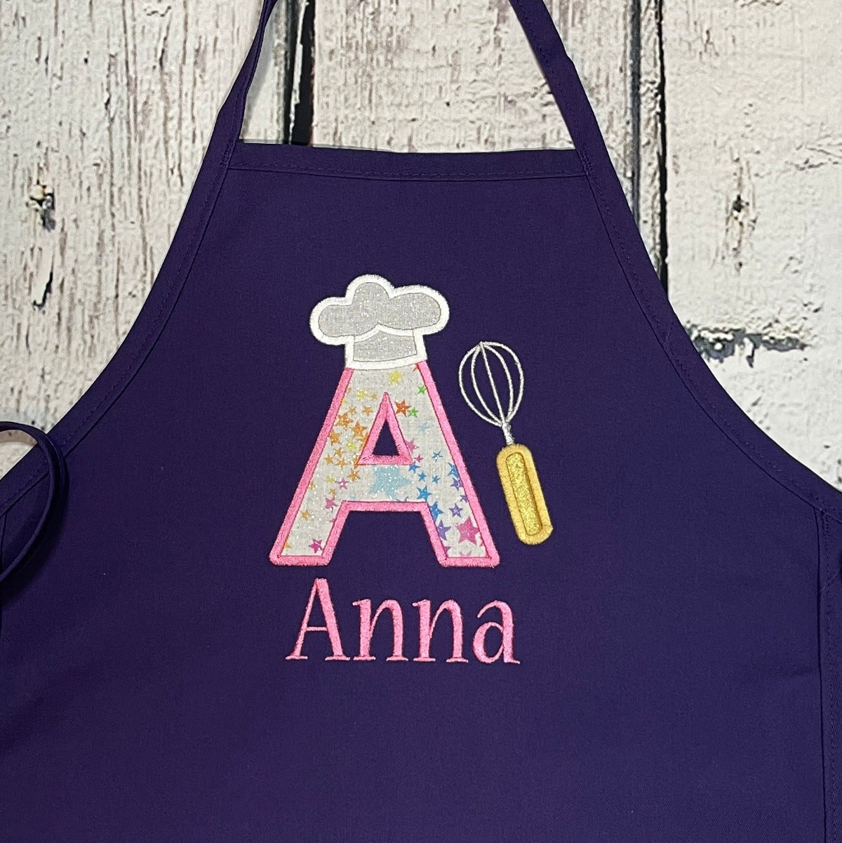 Kids Personalized Embroidered Apron with Glitter Stars Fabric Large Initial & Name