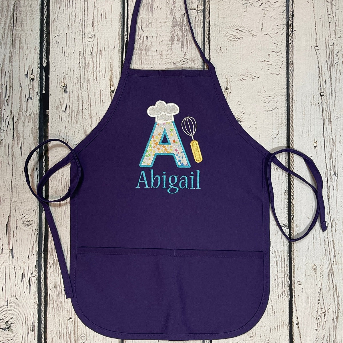 Kids Personalized Embroidered Apron with Glitter Stars Fabric Large Initial & Name