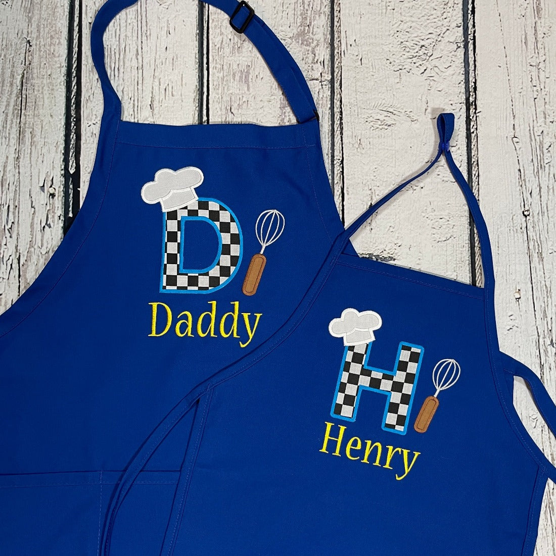 Personalized embroidered Father and Son apron set with optional chef hats