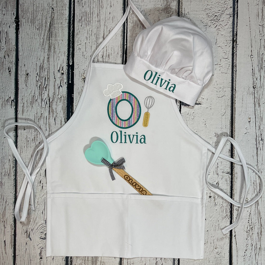 Girls Personalized Embroidered 3 piece set- apron, chef hat and engraved spatula. Matching name on all 3.