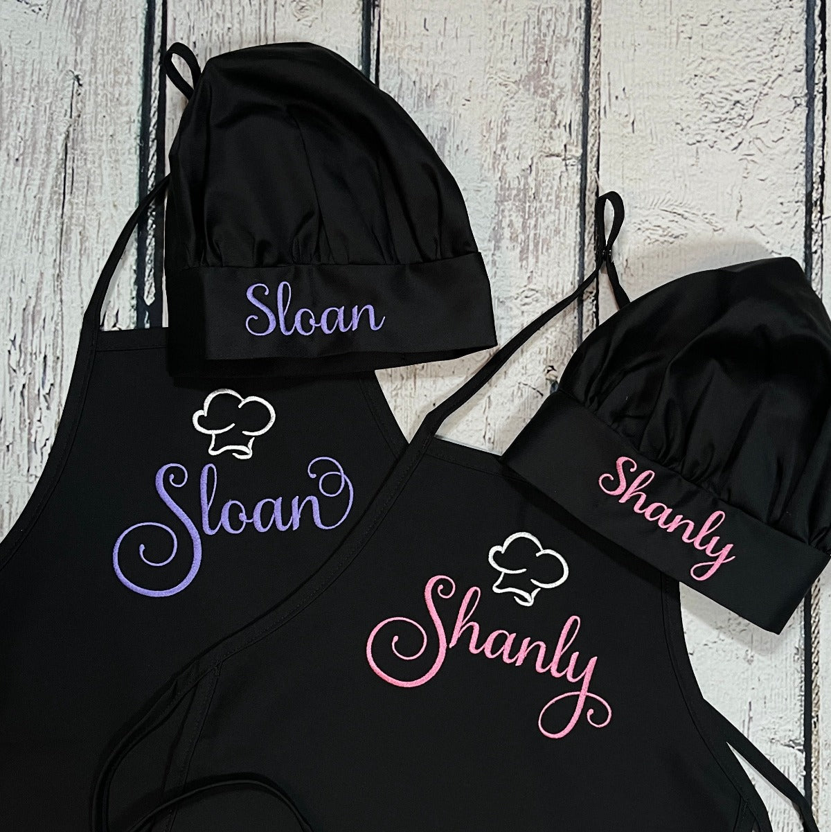 Girls Personalized Embroidered Apron with pockets and Elegant Swirl name- Pink on Black