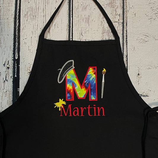 Boys or Girls Personalized Art Apron or Painting Apron with pockets, tie dye large initial