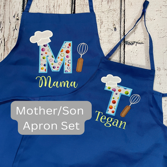 Mother child or mother son daughter embroidered personalized apron set