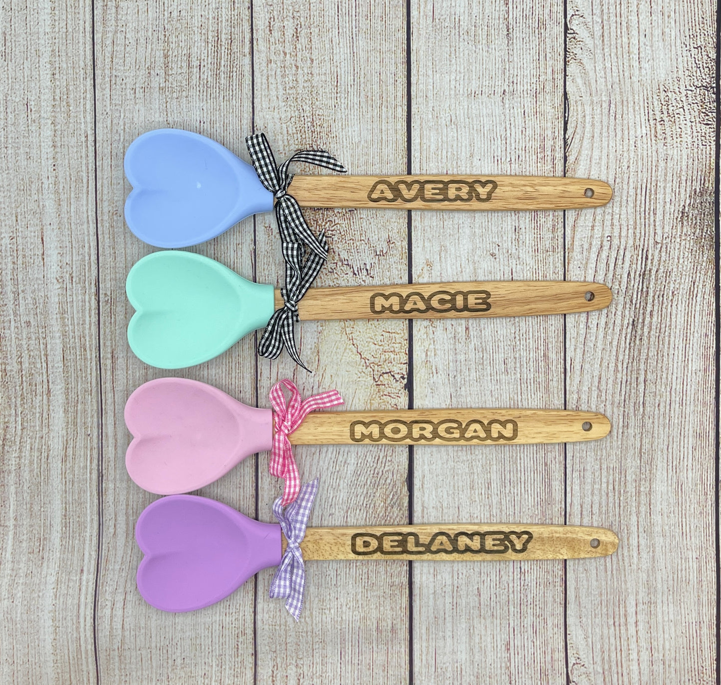 One Personalized Heart Shaped Silicone Spatula for Kids or Adults with Name Engraved in wood handle