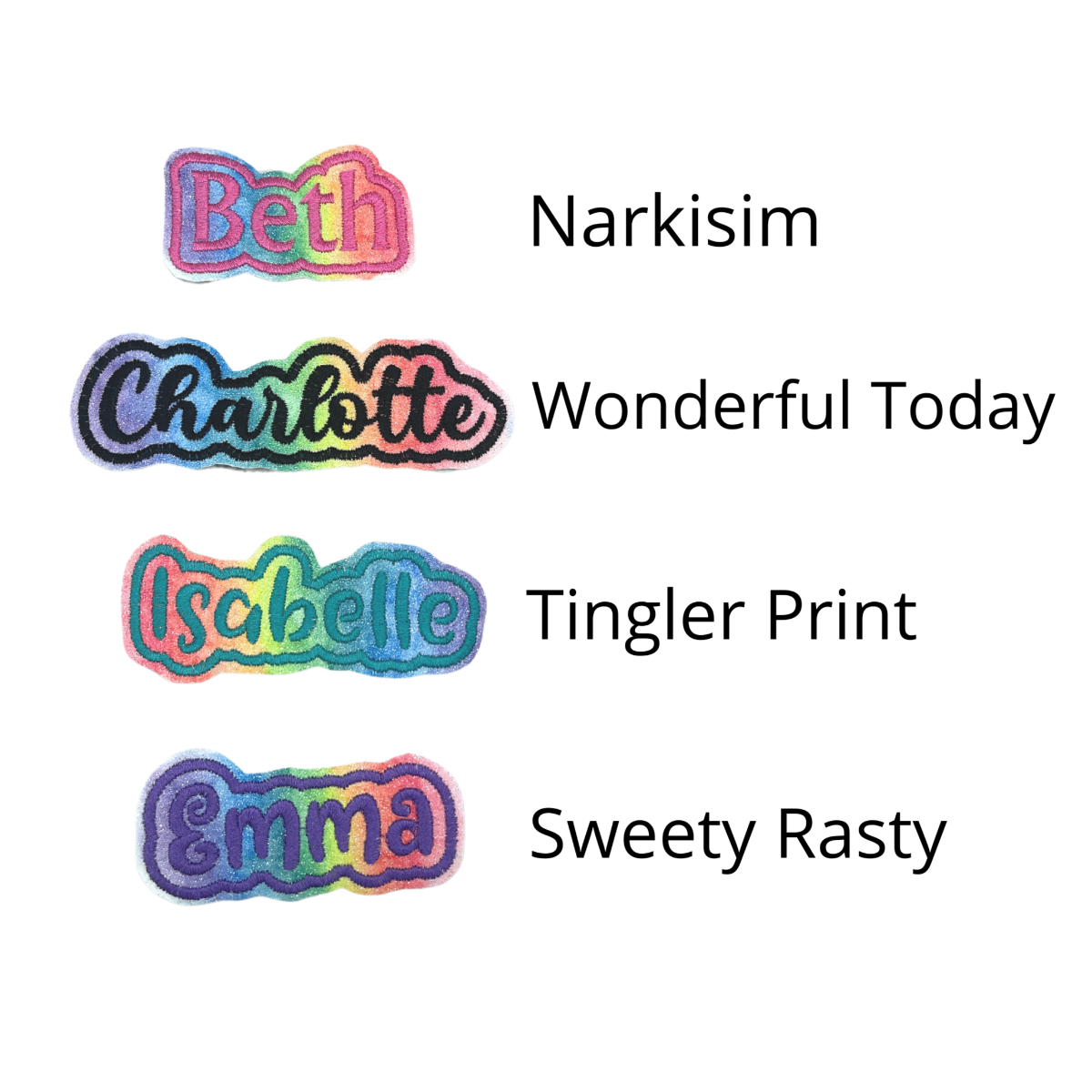 font choices for rainbow glitter patch