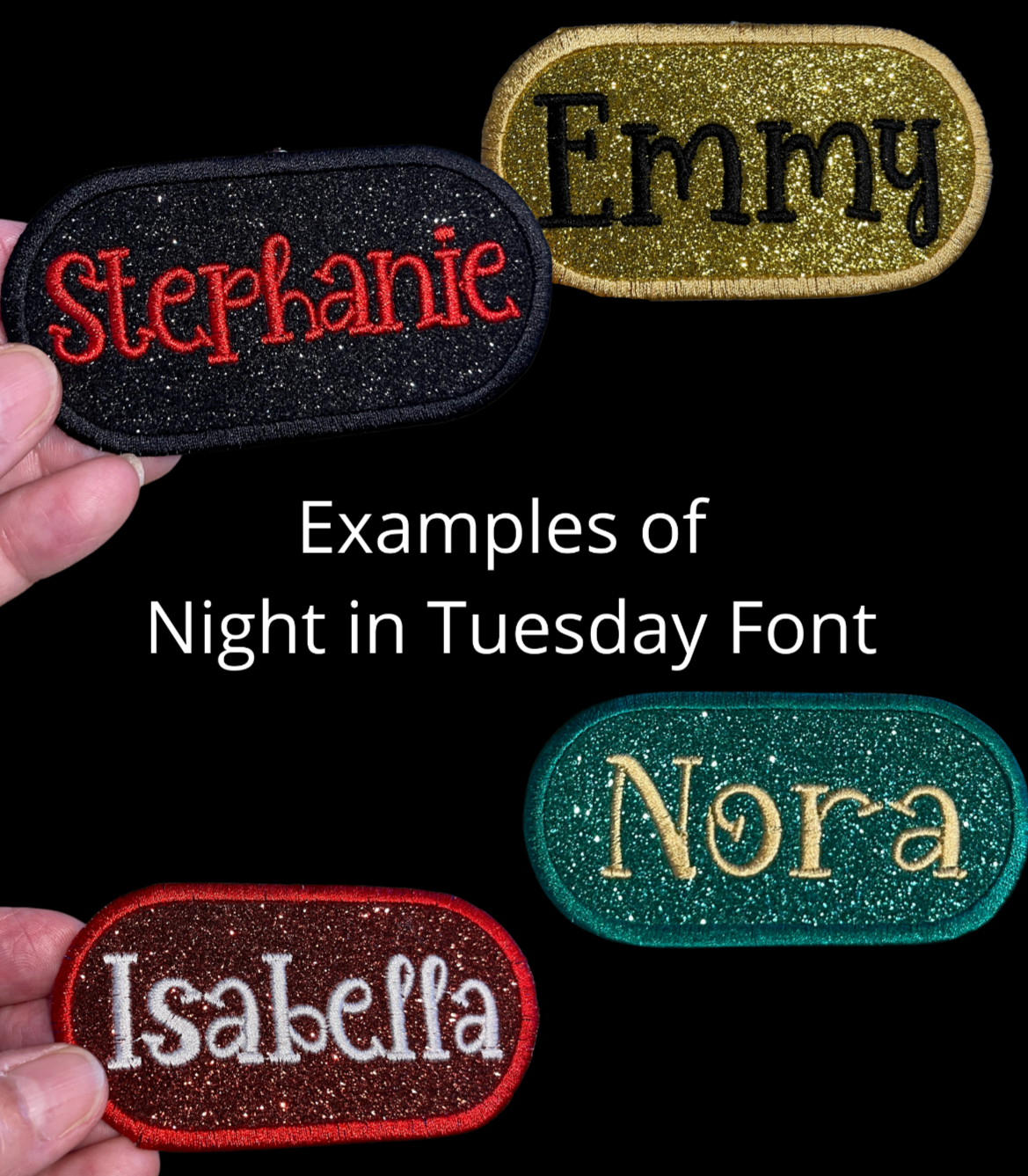 Embroidered glitter name patches