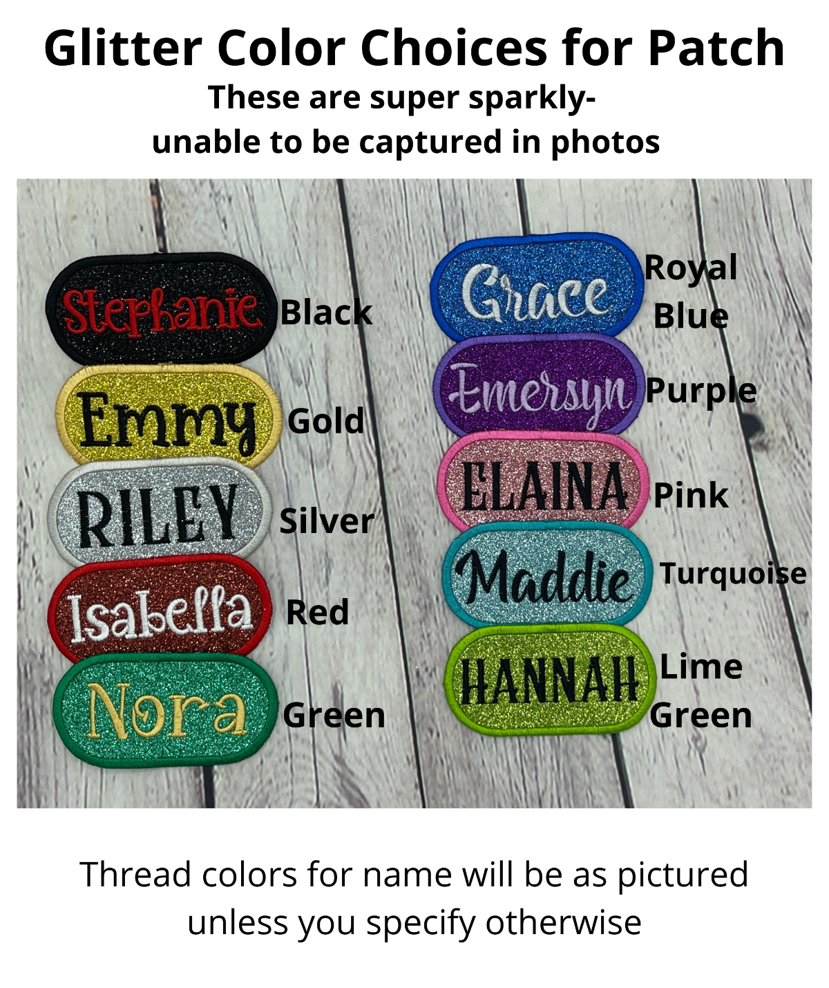 Glitter name patches 10 colors
