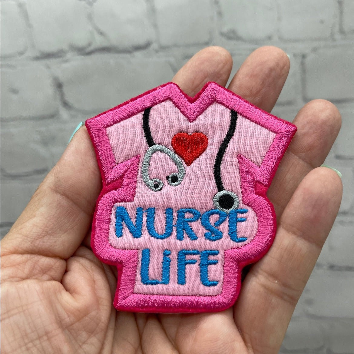 Nurse Life embroidered patch in pink