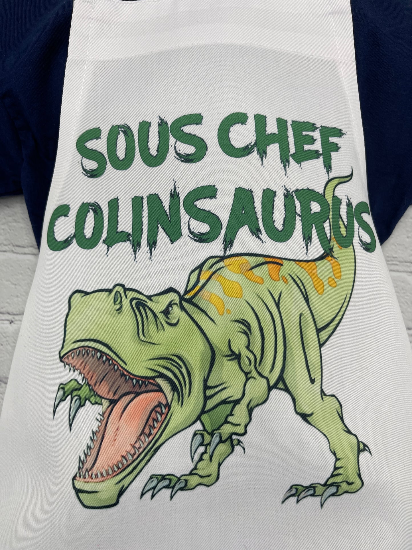 Boys T-Rex Sous Chef Dinosaur Apron personalized with their name, printed apron
