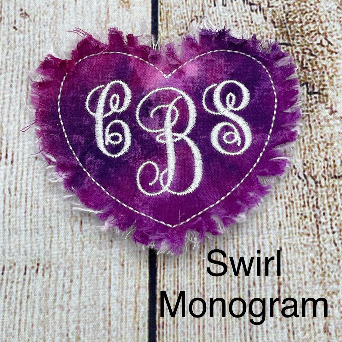 monogram patch heart frayed edges purple