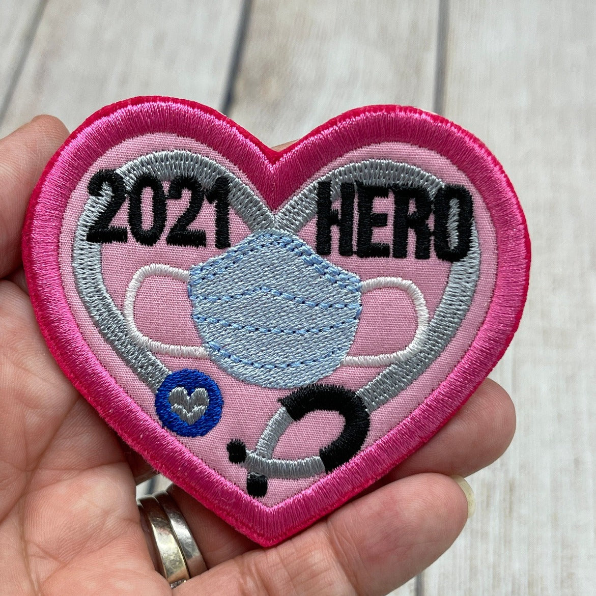 2021 healthcare hero heart patch pink closeup