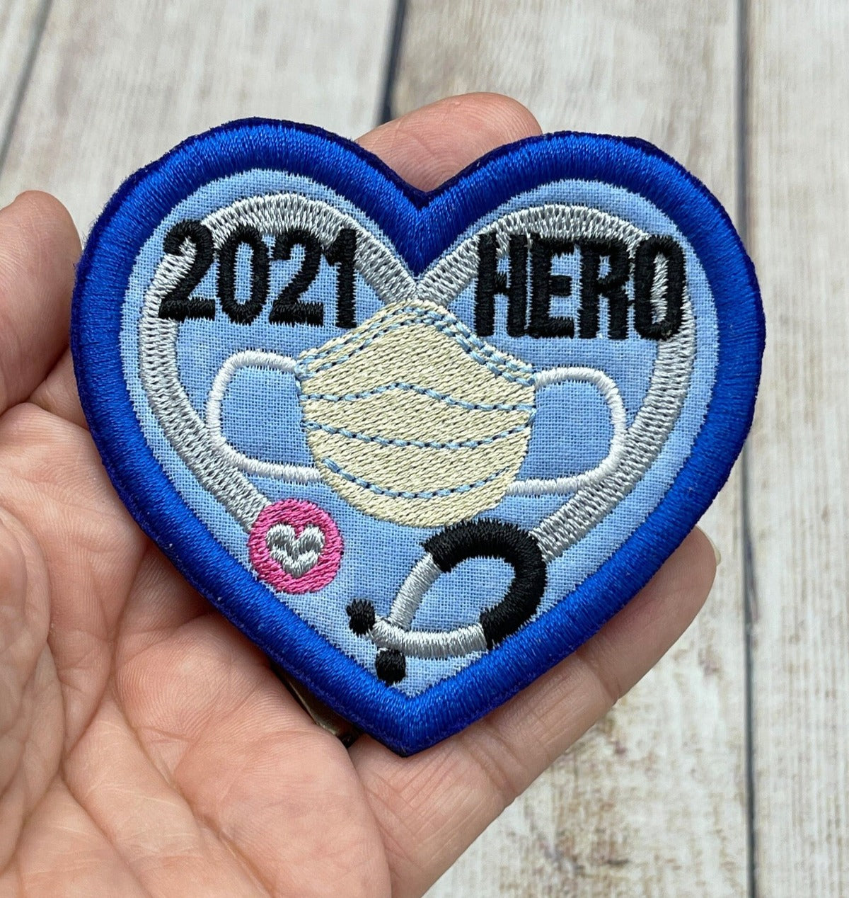 Healthcare Hero 2021 heart patch for scrubs, jacket, or hat.
