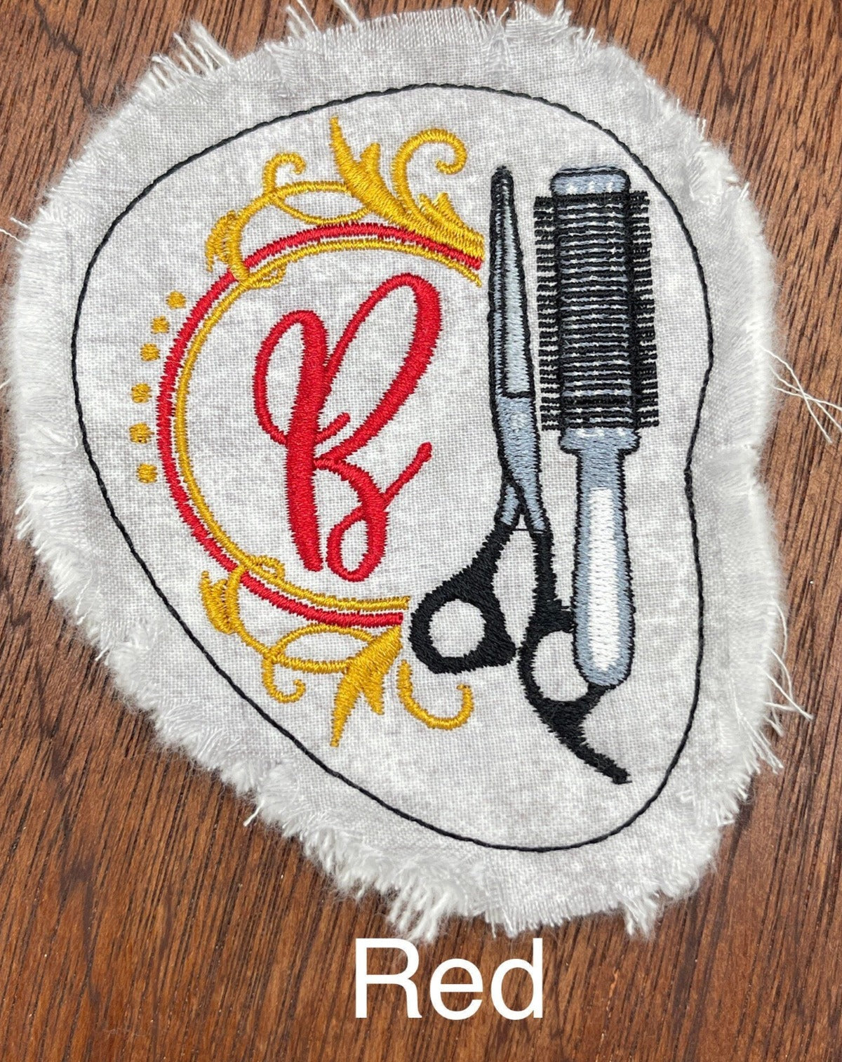 hair stylist patch initial  in red