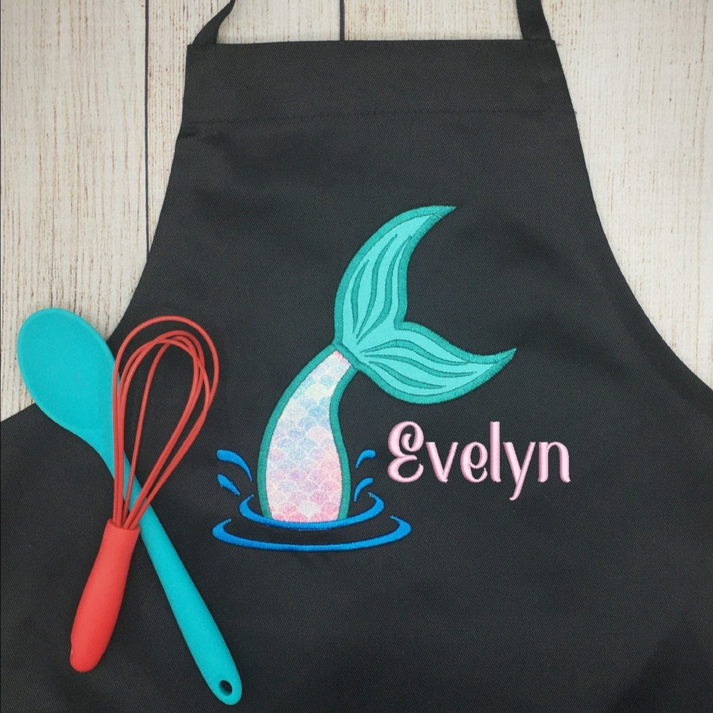Embroidered mermaid tail kids apron with name