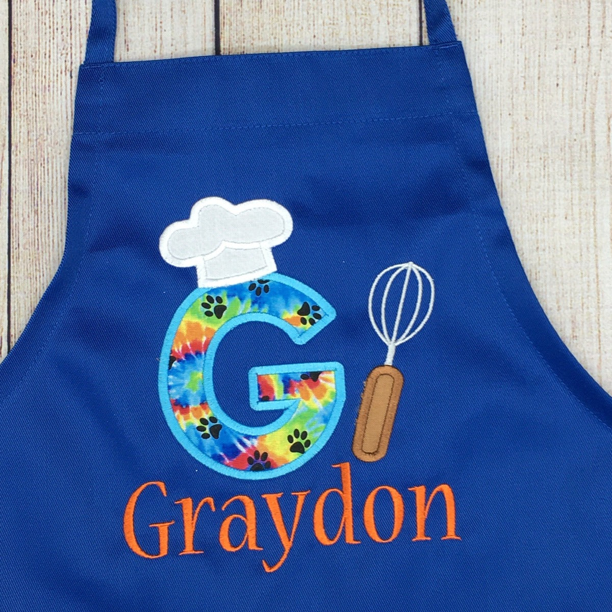 Boys tie dye blue apron personalized with name