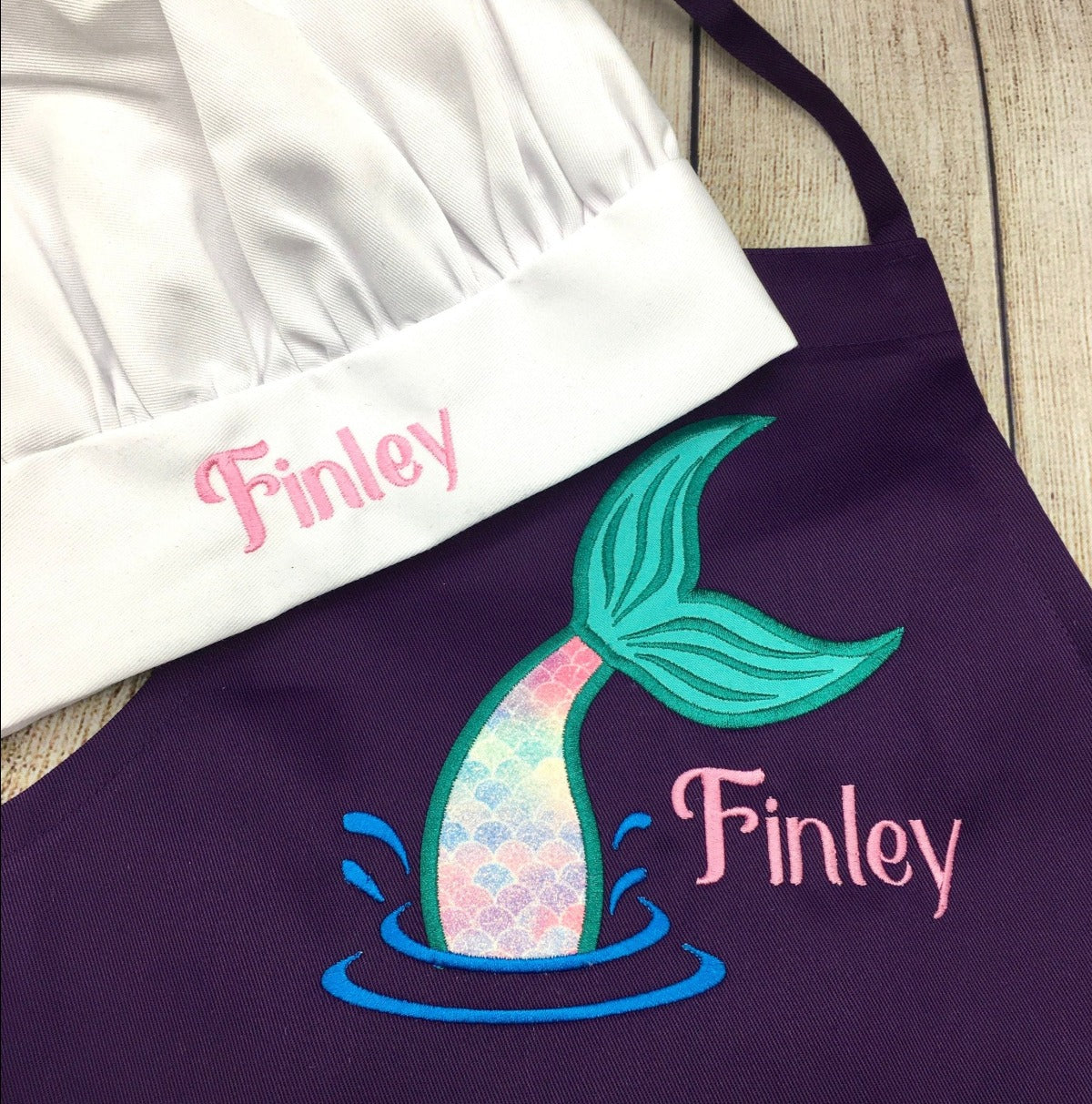 Mermaid theme embroidered apron and hat set personalized