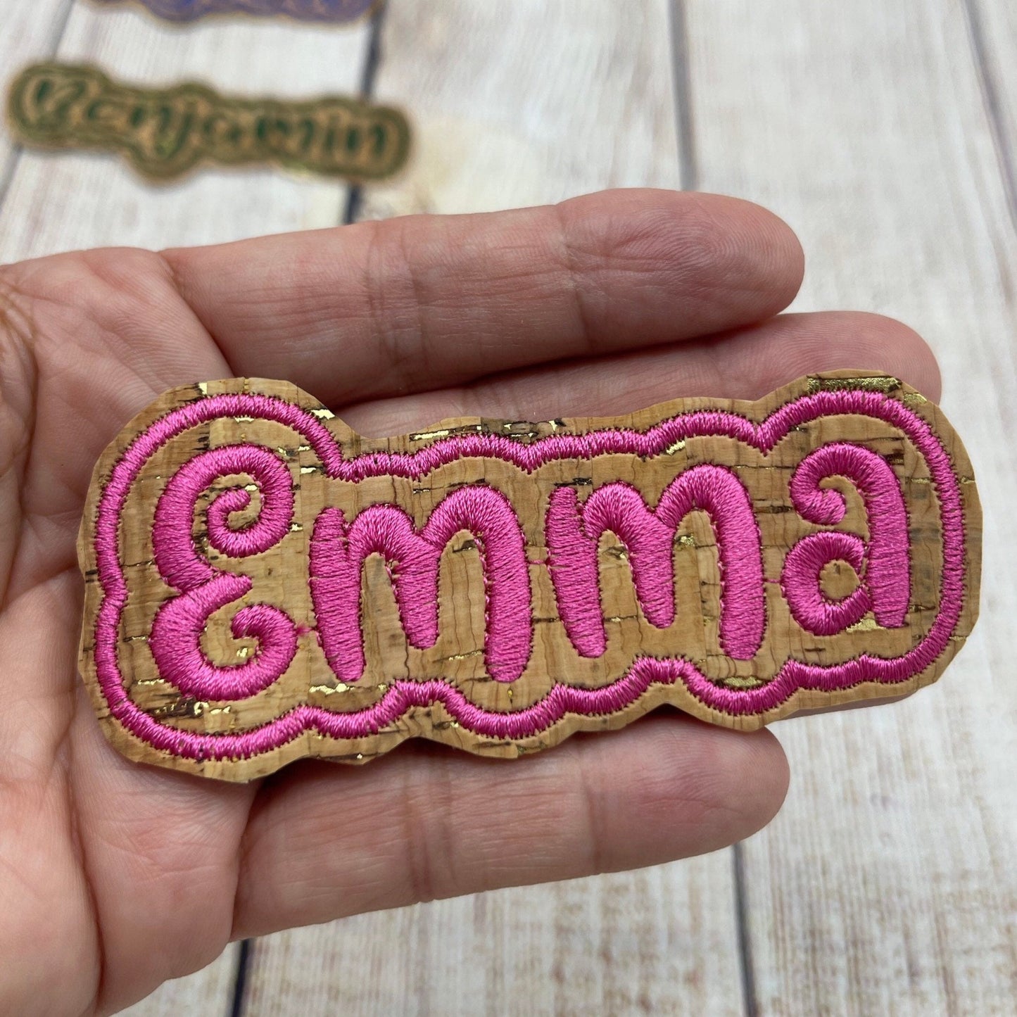 Embroidered cork name patch in hot pink