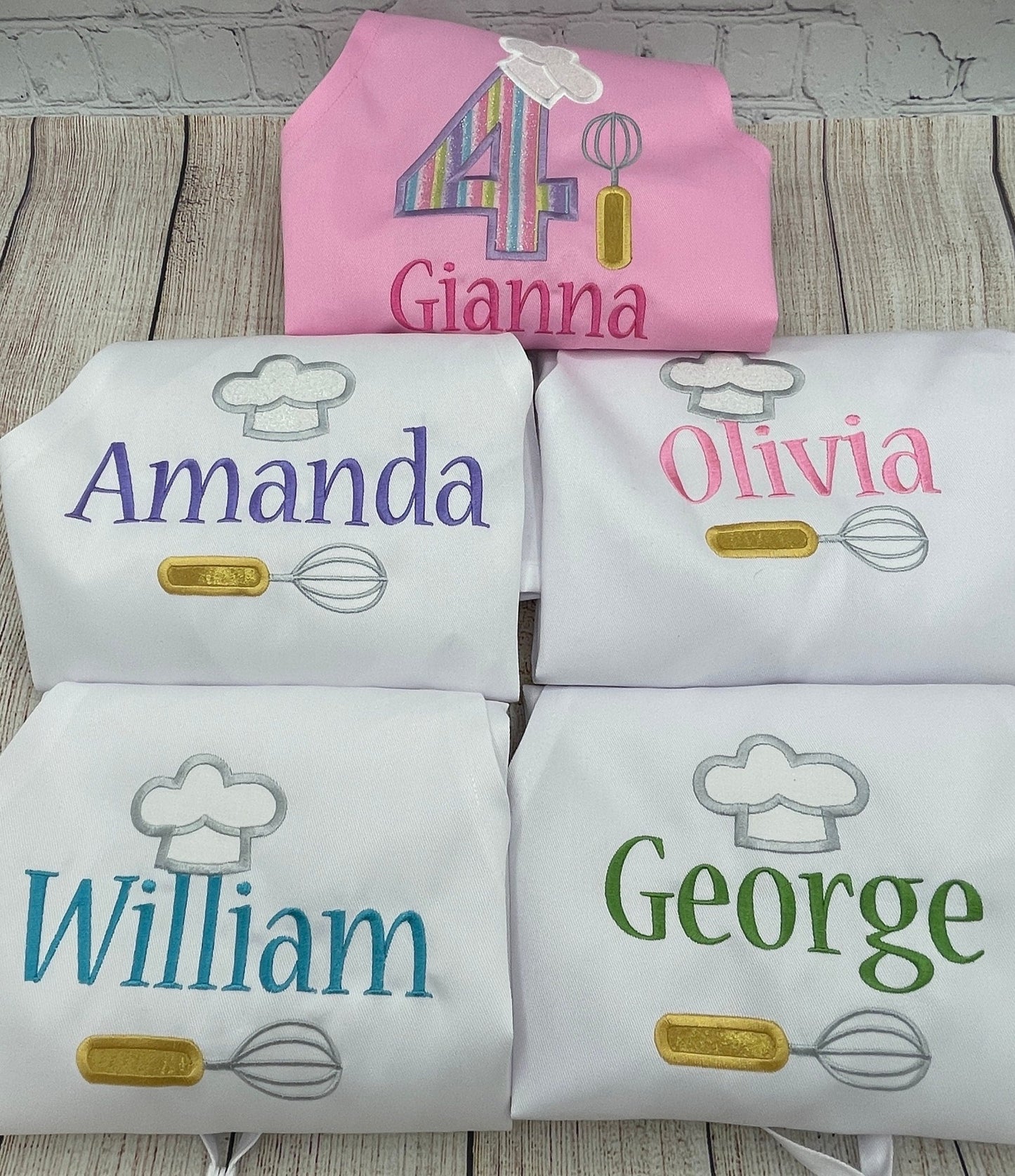 Party Pack of 7 Personalized Kids Embroidered Aprons for Cooking or Baking Party