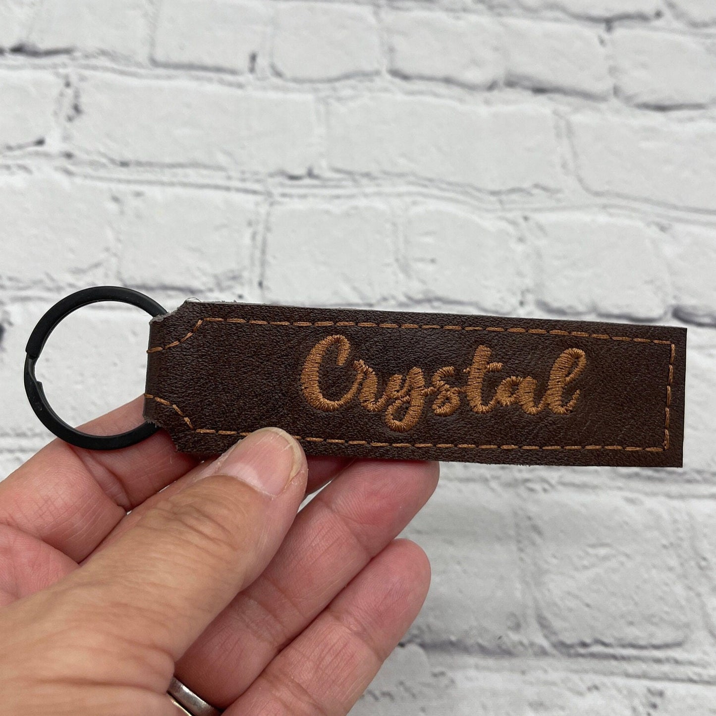 Genuine Leather Embroidered Name Keychain