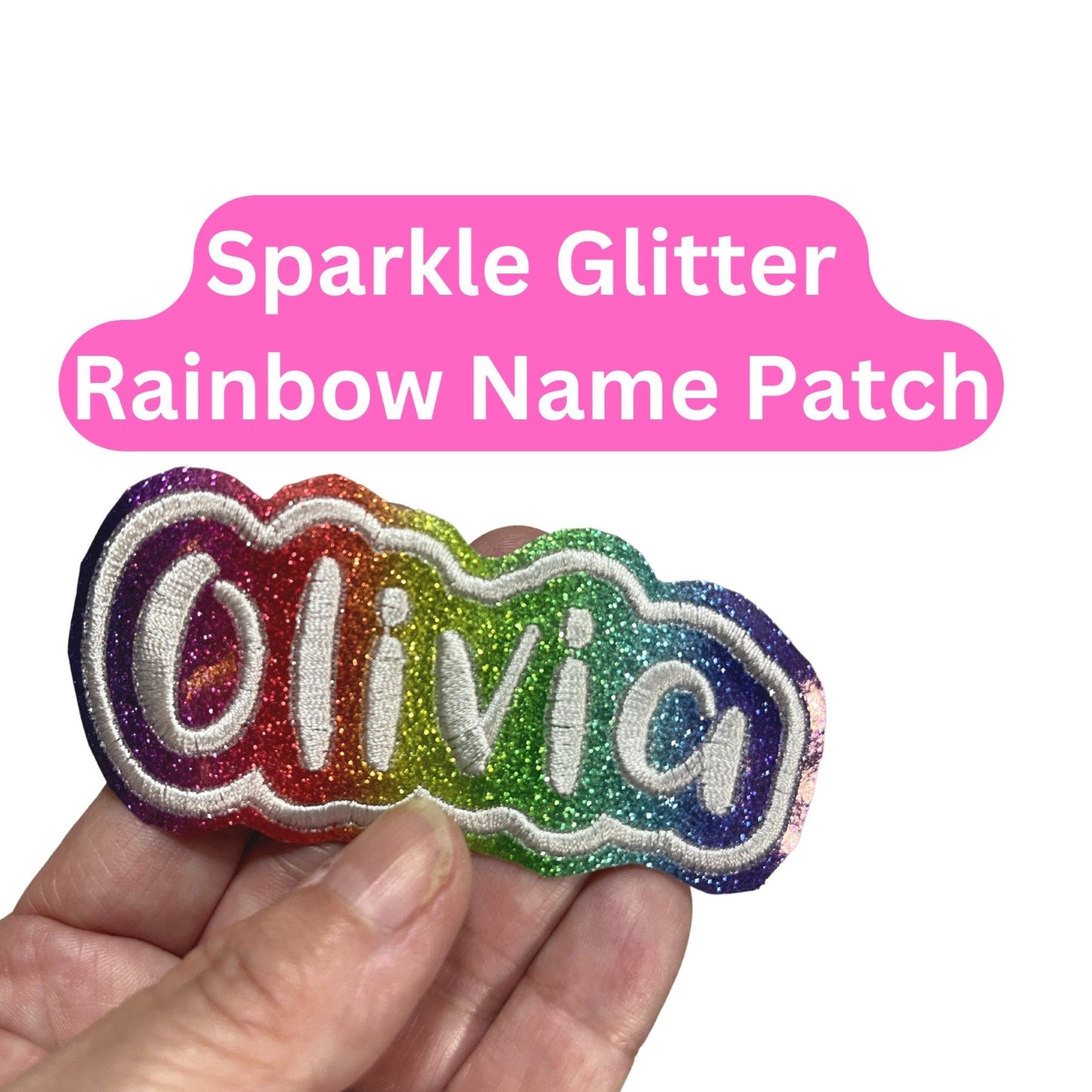 Embroidered glitter rainbow vinyl name patch in the name Olivia