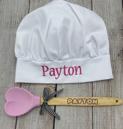 Kids Personalized Chef Hat & Spatula Gift Set, hats in black or white, spatula has 4 color choices