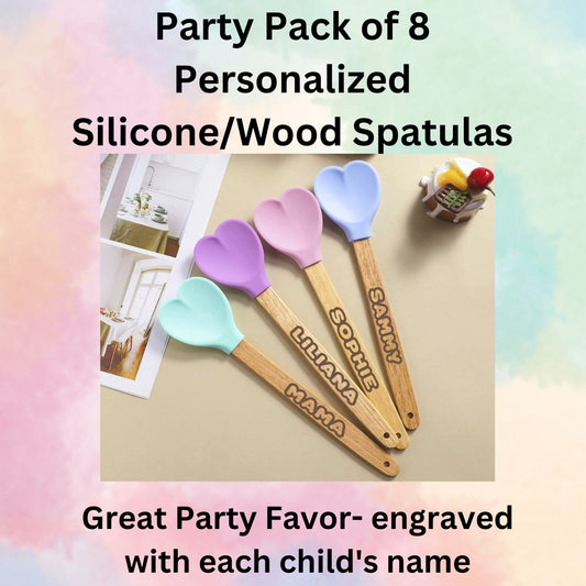 Part pack of 8 personalized heart shaped silicone spatulas for cooking or baking party